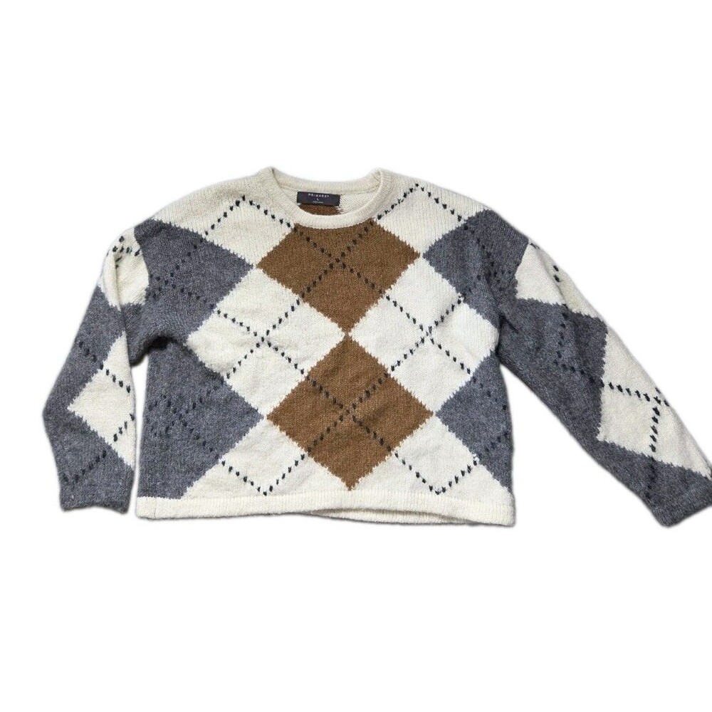 Primark Women's Large Cream Gray Brown Argyle Cropped Sweater Wool Blend Preppy